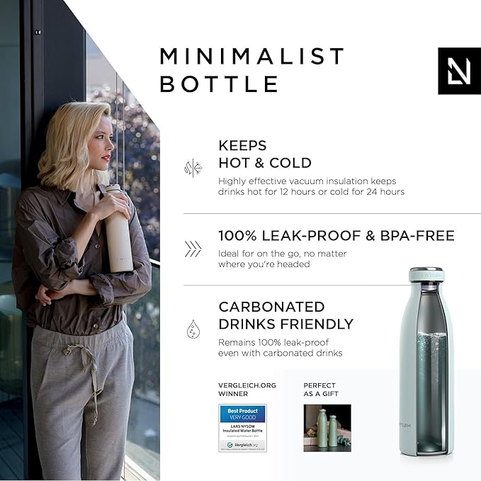 LARS NYSØM Stainless Steel Insulated Water Bottle 12oz 17oz 25oz 34oz 51oz | BPA-free Insulated Thermo Flask for Hot and Cold Beverages | Leakproof Drinking Bottle (Whispering Blue, 17oz)