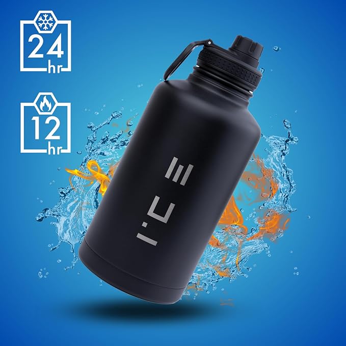 ICE Sports Water Bottle - Includes 3 Lids (1 Straw Lid) & 2 Straws - Leak proof Stainless Steel Gym & Sport Bottles for Men, Women & Kids - Double Walled, Insulated Thermos (Black, 64 oz)