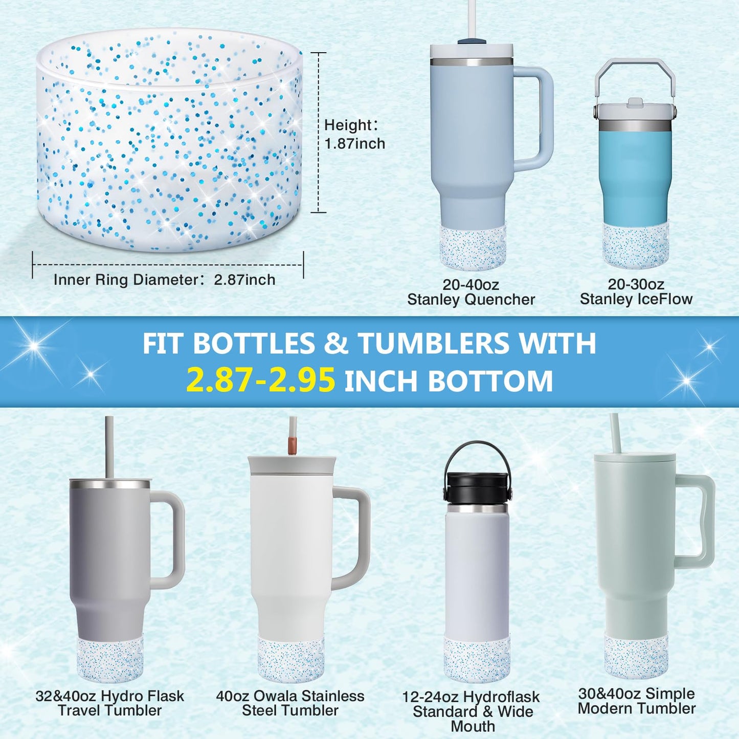 WUQID 2 Pack Bling Silicone Boot Compatible with Stanley Quencher Adventure 40oz & Stanley IceFlow 20oz 30oz, Reduces Dents Protective Silicone Water Bottle Bottom Cover Sleeve