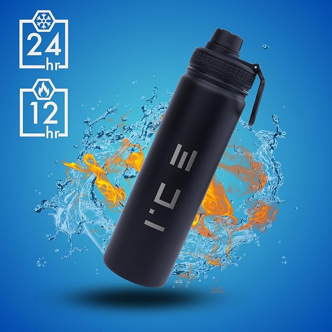 ICE Sports Water Bottle - Includes 3 Lids (1 Straw Lid) & 2 Straws - Leak-proof Stainless Steel Gym & Sport Bottles for Men, Women & Kids - Double Walled, Insulated Thermos (Black, 22 oz)