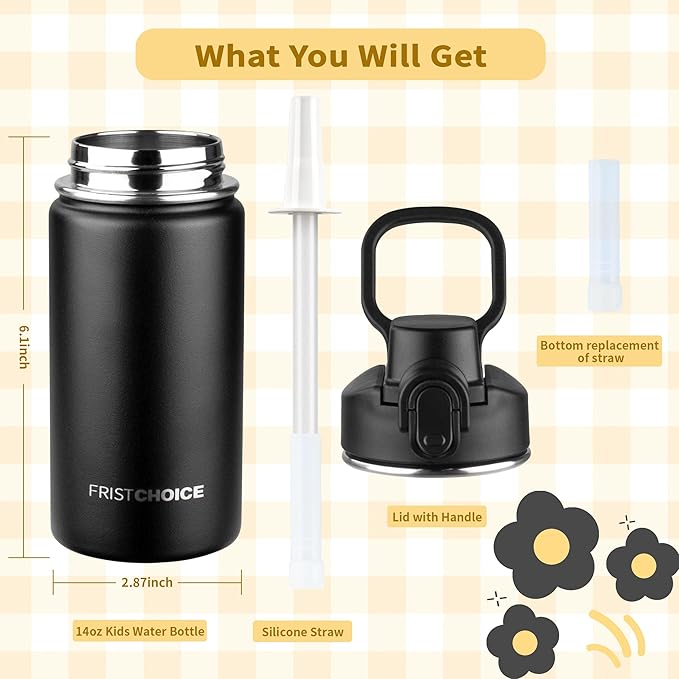 Kids Insulated Water Bottle with Straw,14oz Stainless Steel Water Bottle,BPA-free and Leak-proof,Double Wall Vacuum Water Flask for School,Gifts for Boys and GirlsοΌ14oz,BlackοΌ