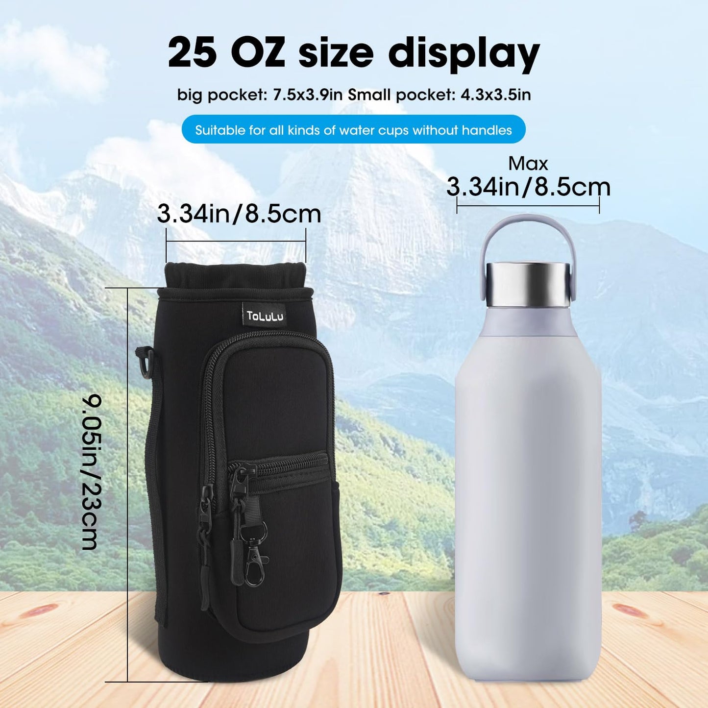 ToLuLu 25/32oz Water Bottle Carrier Bag with Phone Pocket,Insulated Neoprene Adjustable Shoulder Strap Water Bottle Pouch Case, Crossbody Water Bottle Holder Sling Sleeve for Men Women Kids, Black