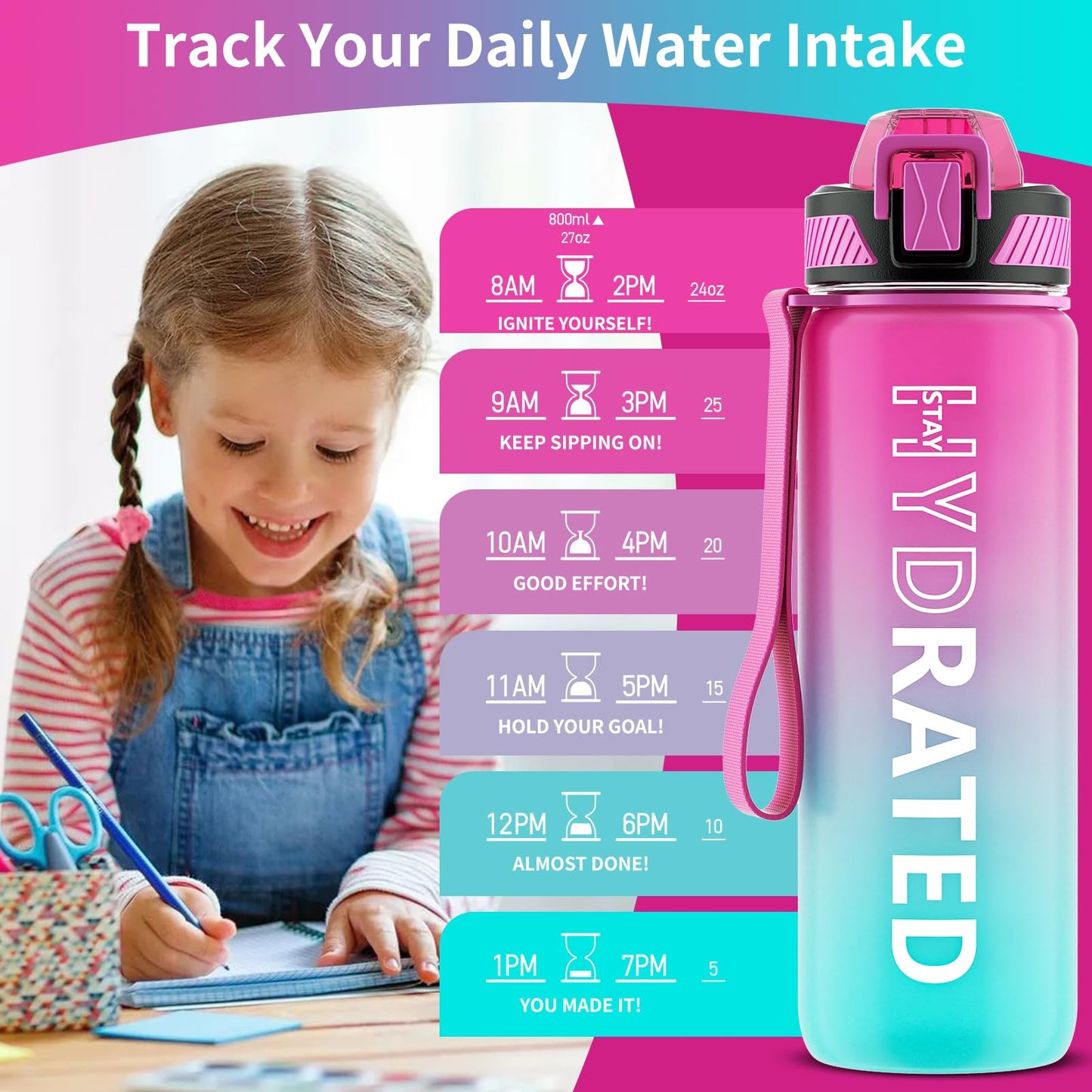 QLUR Water Bottle with Straw, 27 oz Motivational Water Bottles with Time Marker to Drink, Tritan BPA Free, 800ml Sports Water Bottle with Carry Strap LeakProof for School Fitness Outdoor (1Pack)