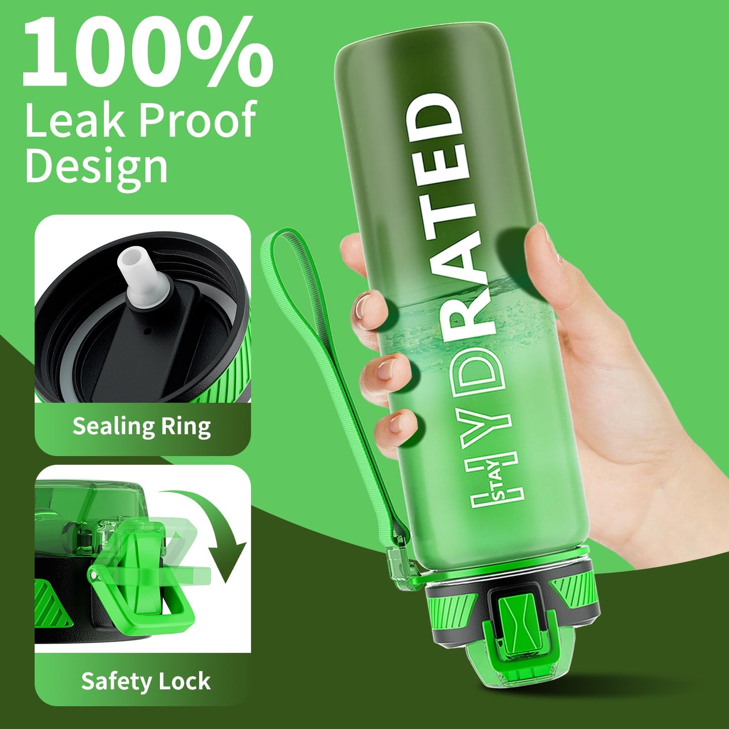 QLUR Water Bottle with Straw, 32 oz Motivational Water Bottles with Time Marker to Drink, Tritan BPA Free, 1L Sports Water Bottle with Carry Strap LeakProof for Women Gym Fitness Outdoor (1 Pack)