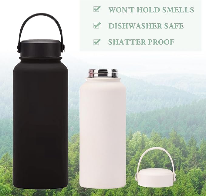 Black 32 OZ Insulated Water Bottle, Large Metal Stainless Steel Water Flask, Big Sports Travel Water Bottle with 2 Lids, Insulated Thermos Thermal Mug Cup