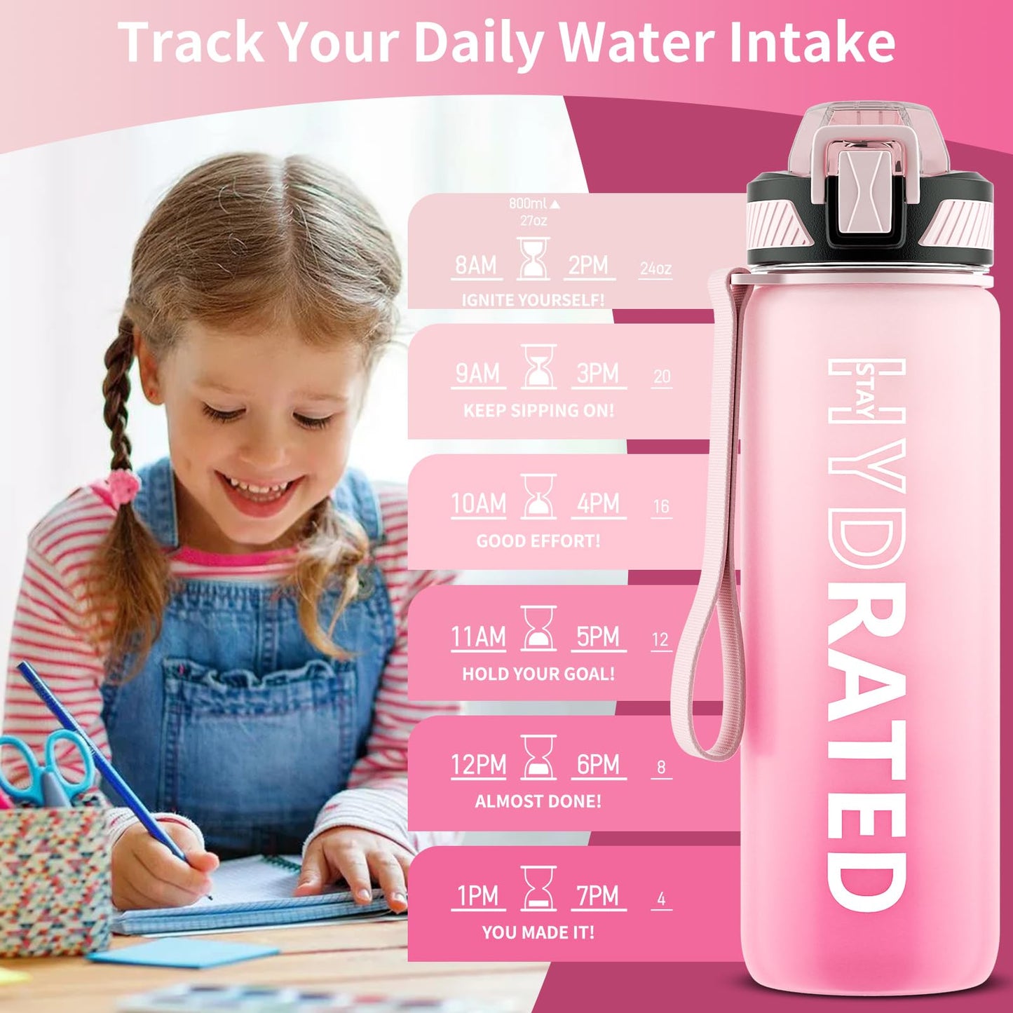 QLUR Water Bottle with Straw, 27 oz Motivational Water Bottles with Time Marker to Drink, Tritan BPA Free, 800ml Sports Water Bottle with Carry Strap LeakProof for School Fitness Outdoor (1Pack)