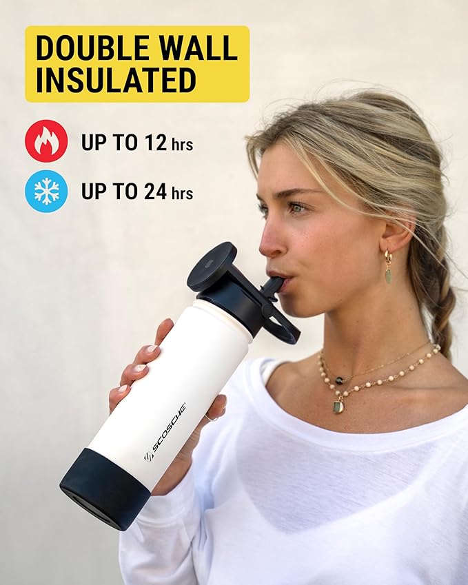Scosche MFMS32 MagicMount Flask 32oz Stainless Steel Hot & Cold Insulated Sport Water Bottle w/Magnetic Mount Tripod Phone Stand Compatible w/MagSafe iPhone for Cup Holder/Gym/Men/Women/Travel/White