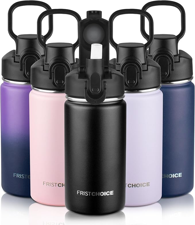 Kids Insulated Water Bottle with Straw,14oz Stainless Steel Water Bottle,BPA-free and Leak-proof,Double Wall Vacuum Water Flask for School,Gifts for Boys and GirlsοΌ14oz,BlackοΌ