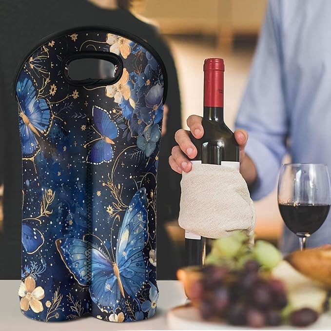 doginthehole Neoprene Wine Tote 2 Bottle Aesthetic Blue Butterfly Floral Wine Carrier Bag with Carry Handle for Travel, Portable Wine/Champagne/Beer/Water Bottle Carrier Bag
