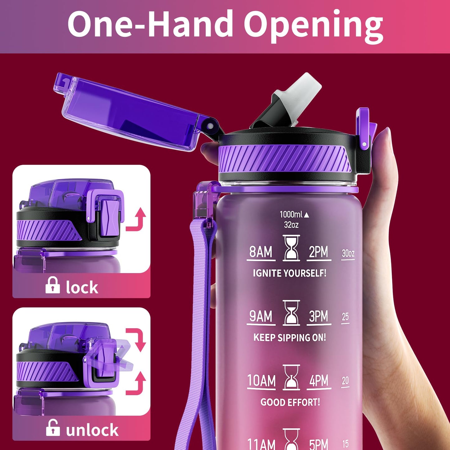 QLUR Water Bottle with Straw, 32 oz Motivational Water Bottles with Time Marker to Drink, Tritan BPA Free, 1L Sports Water Bottle with Carry Strap LeakProof for Women Gym Fitness Outdoor (1 Pack)