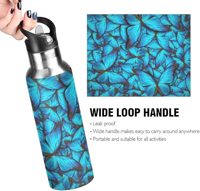 Blueangle Blue Butterfly Water Bottle with Straw Lid for Fitness Gym Camping Outdoor Sports, Wide Mouth Vacuum Insulated 18/8 Stainless Steel, 22 oz
