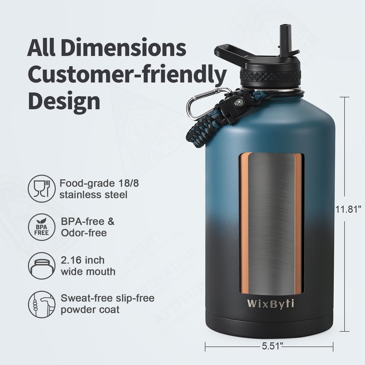 WixByti One Gallon Water Bottle Insulated with DIY Stickers, Triple Wall Vacuum Cold for 48 Hrs Leak-proof Non-BPA, 128oz Large Sports Stainless Steel Water Jug with Paracord Handle Straw Spout Lids