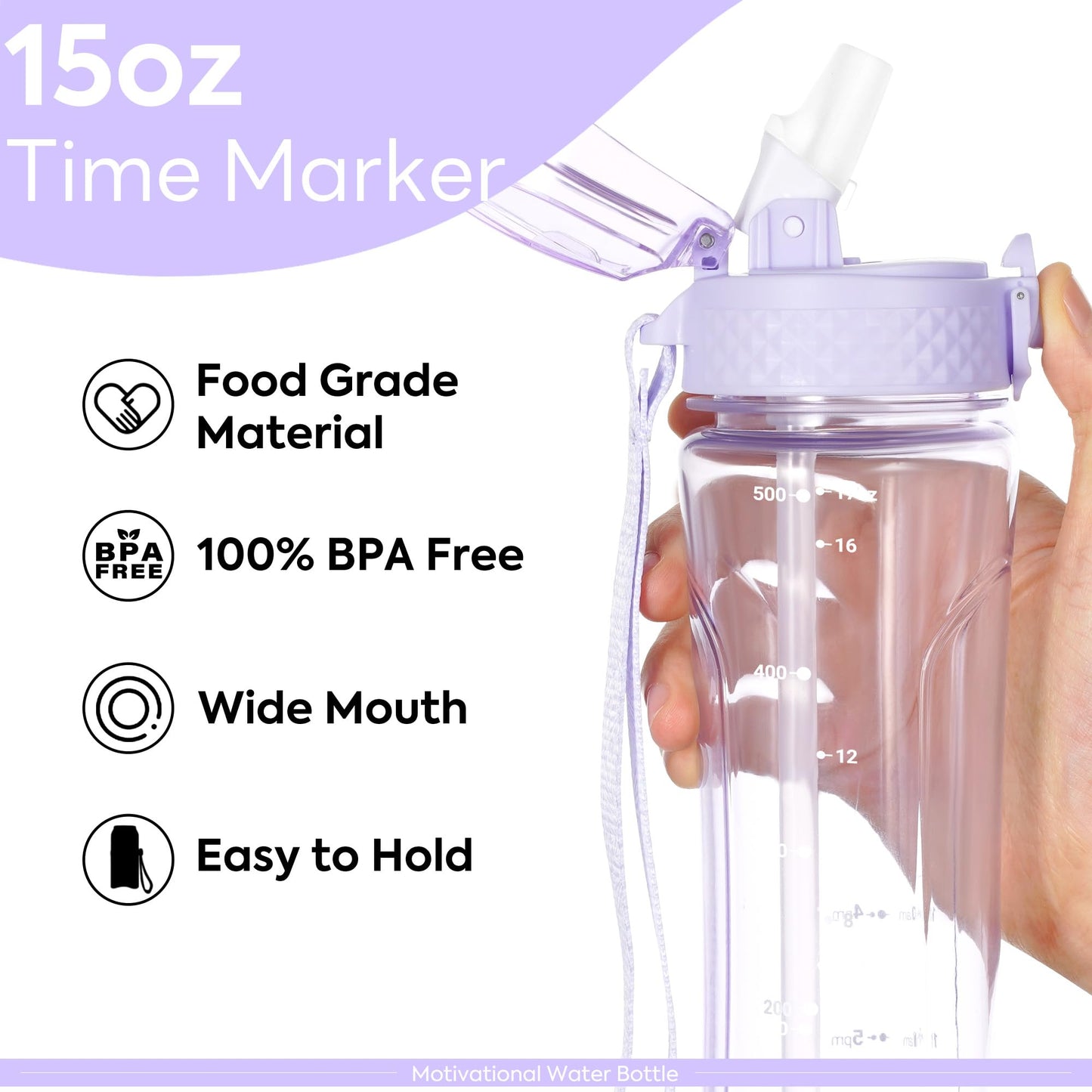 OLDLEY Kids Water Bottle with Straw 15 oz BPA-Free Leak-Proof Motivational Water Bottles with Time Marker for School Sports Travel Gym, Easy to Use for Girls Goys, 1 Straw Lid, Transparent-purple