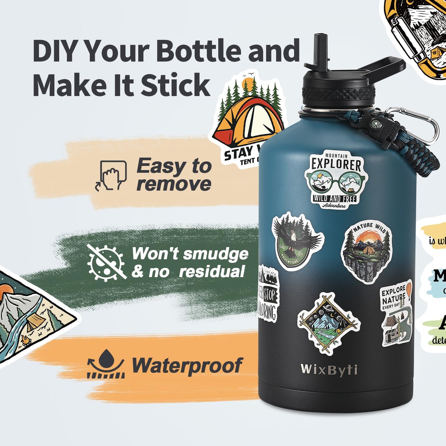 WixByti One Gallon Water Bottle Insulated with DIY Stickers, Triple Wall Vacuum Cold for 48 Hrs Leak-proof Non-BPA, 128oz Large Sports Stainless Steel Water Jug with Paracord Handle Straw Spout Lids
