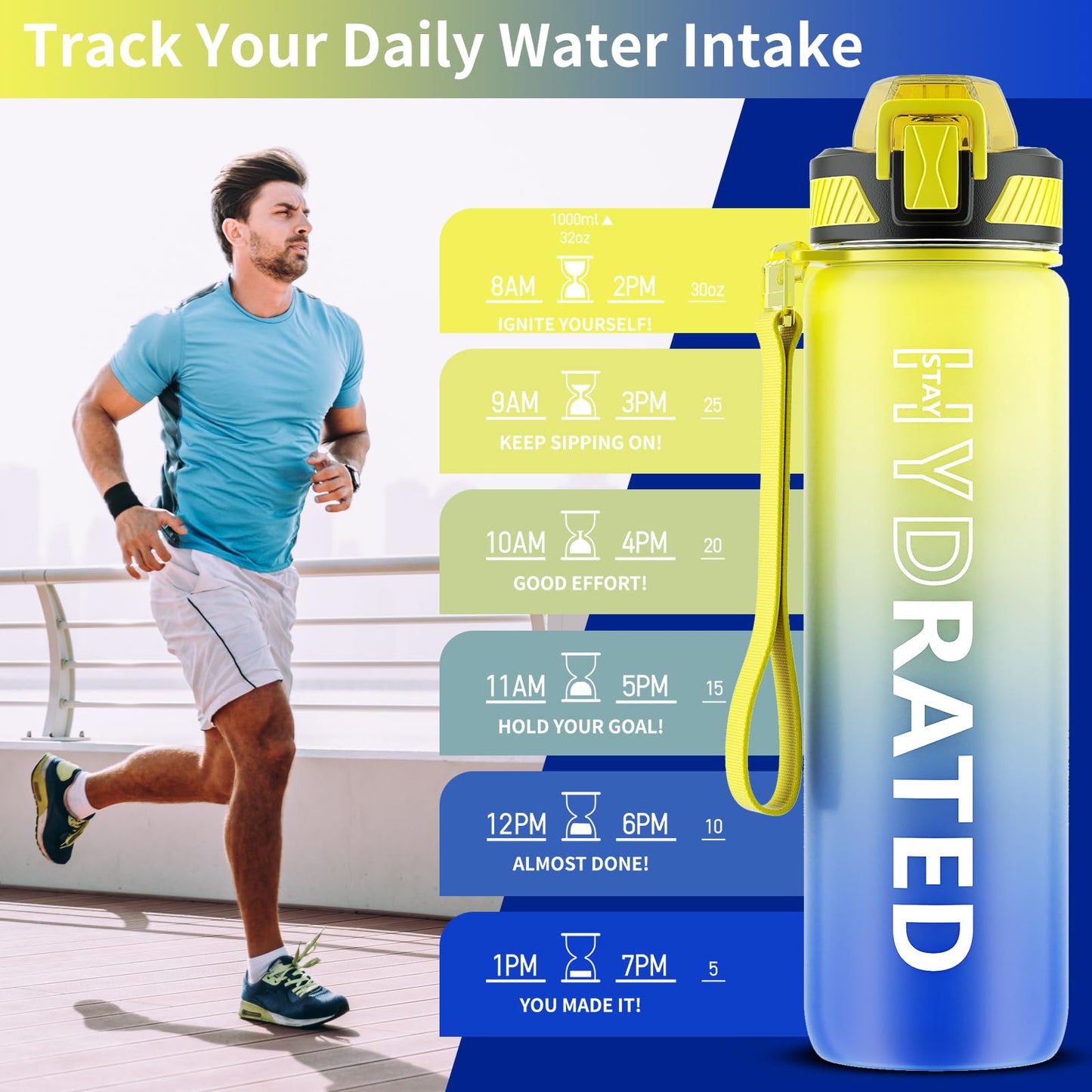 QLUR Water Bottle with Straw, 32 oz Motivational Water Bottles with Time Marker to Drink, Tritan BPA Free, 1L Sports Water Bottle with Carry Strap LeakProof for Women Gym Fitness Outdoor (1 Pack)