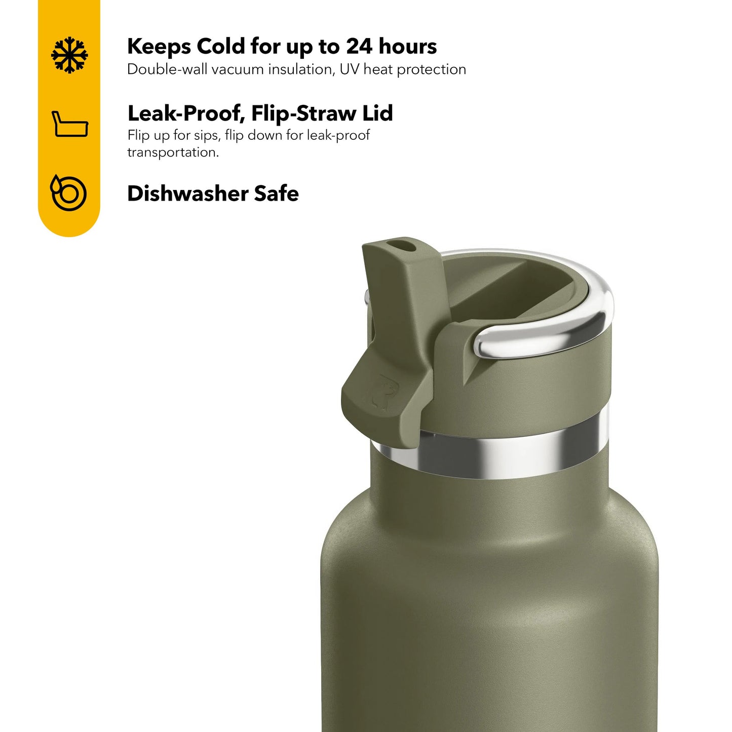 RTIC 20oz Journey Bottle Metal Stainless Steel Vacuum Insulated, BPA Free, Reusable, for Water, Hot and Cold Drinks, Travel, Sports, Camping, Olive