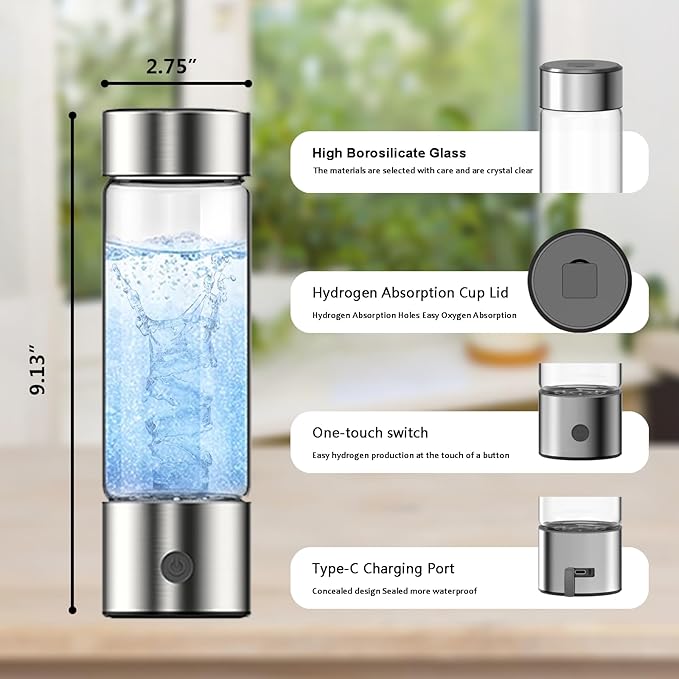 feifuns Hydrogen Water Bottle Generator, 2-in-1 Rechargeable Portable Glass Hydrogen Water for Health, 3 Mins & 3 Steps, 4th Generation SPE & PEM Technology, Matching Your Lifestyle (Black)