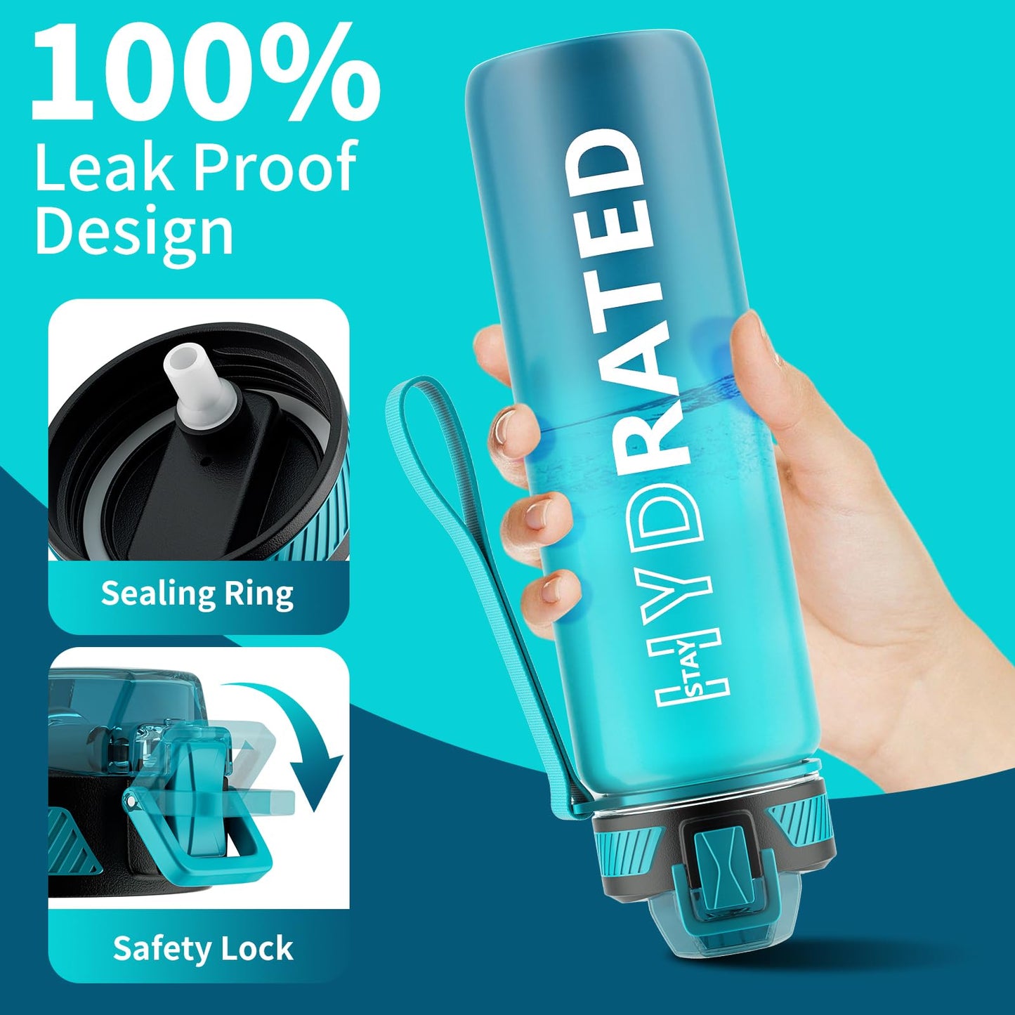 QLUR Water Bottle with Straw, 27 oz Motivational Water Bottles with Time Marker to Drink, Tritan BPA Free, 800ml Sports Water Bottle with Carry Strap LeakProof for School Fitness Outdoor (1Pack)