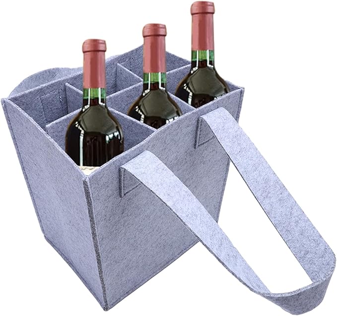 Bottle Bag for Wine, 6 Compartments Felt Wine Bottle Holder, Resuable Wine Tote Bag with Compartments for Transporting Red Wine, Champagne, Beer and Water Bottles(light grey)