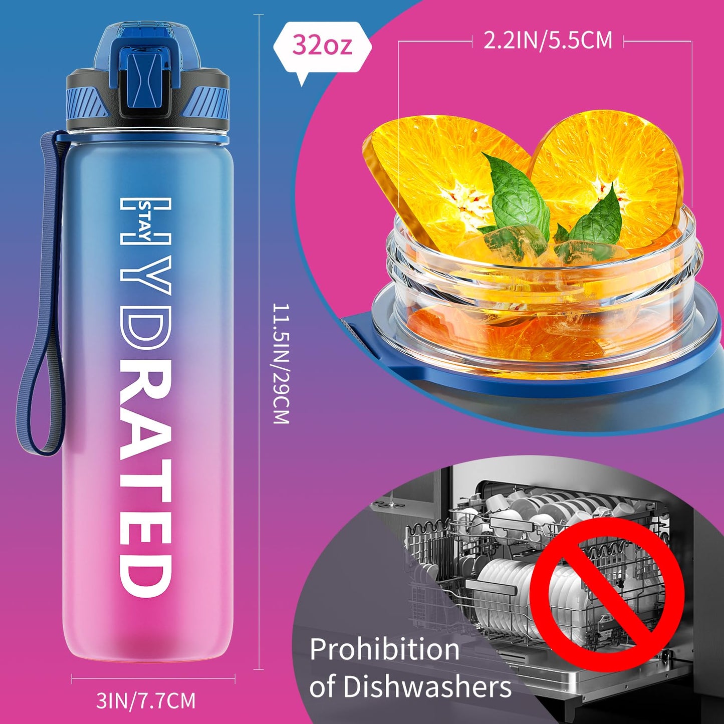 QLUR Water Bottle with Straw, 32 oz Motivational Water Bottles with Time Marker to Drink, Tritan BPA Free, 1L Sports Water Bottle with Carry Strap LeakProof for Women Gym Fitness Outdoor (1 Pack)