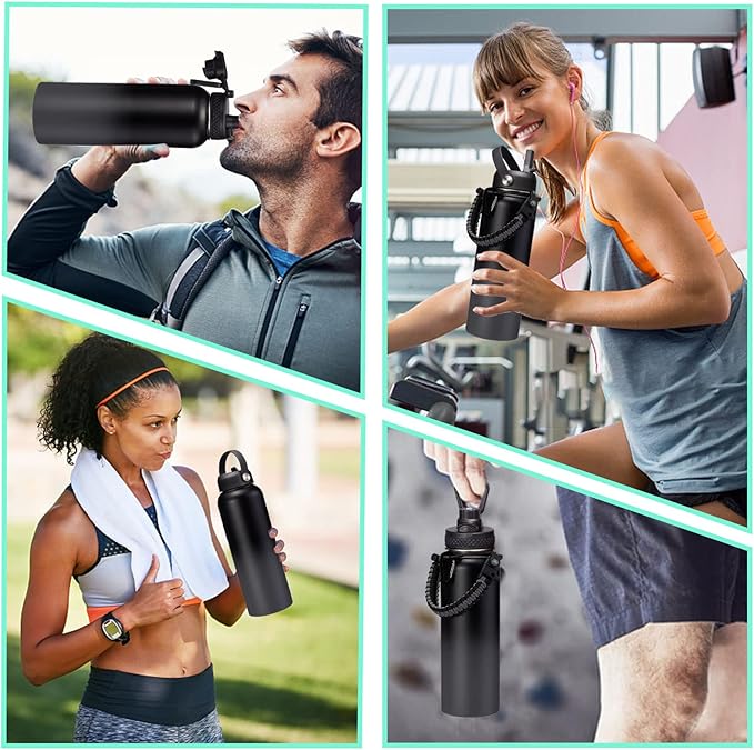 Vacuum Insulated Water Bottle 40oz - w/Straw Lid & Spout Lid, Carrier Bag, Paracord Handle, Bottle Boot, Reusable Stainless Steel Water Bottle for Adults, Wide Mouth Thermo Flask Cold-48H Hot-24H