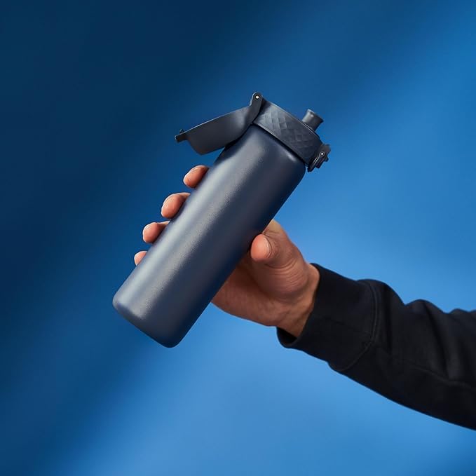 ION8 Steel Water Bottle, 600 ml/20 oz, Leak Proof, Easy to Open, Secure Lock, Dishwasher Safe, Flip Cover, Fits Cup Holders, Carry Handle, Durable, Scratch Resistant, Carbon Neutral, Navy Blue
