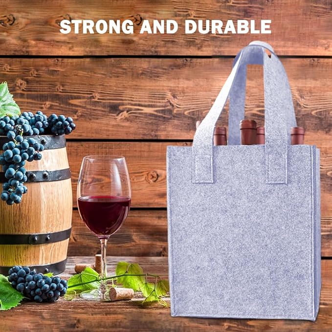 Bottle Bag for Wine, 6 Compartments Felt Wine Bottle Holder, Resuable Wine Tote Bag with Compartments for Transporting Red Wine, Champagne, Beer and Water Bottles(light grey)