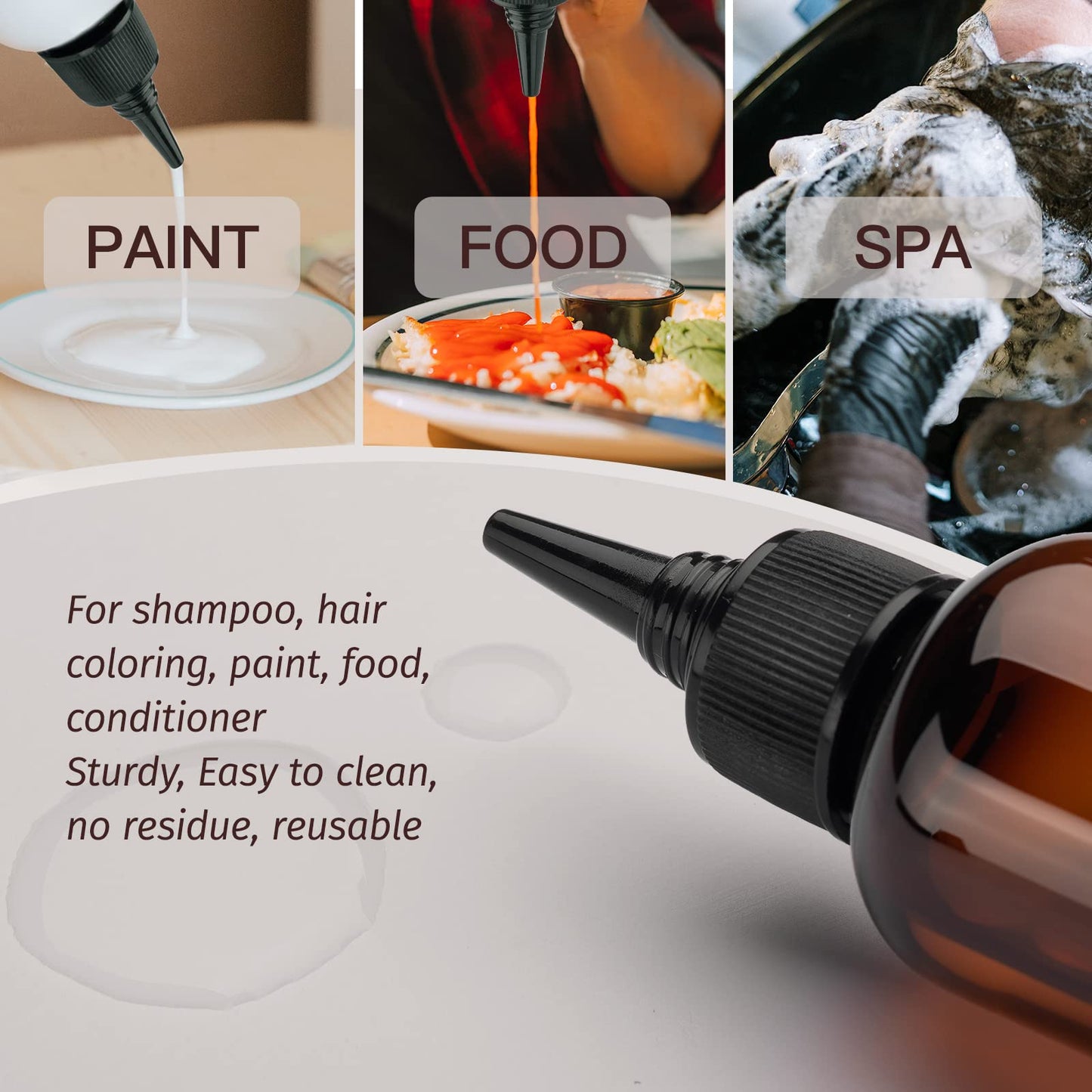 Tekson Hair Color Applicator Bottles, 5 Pack Refillable Squeeze Bottle, Empty Plastic Twist Top Cap Bottles (3.4 OZ, Amber)