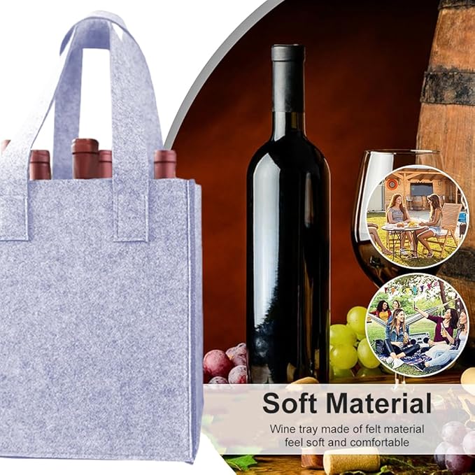 Bottle Bag for Wine, 6 Compartments Felt Wine Bottle Holder, Resuable Wine Tote Bag with Compartments for Transporting Red Wine, Champagne, Beer and Water Bottles(light grey)