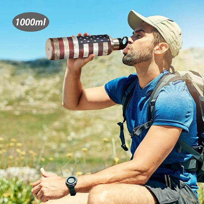 ALAZA American Flag Patriotic Water Bottle With Straw Lids Boys Girls,Vacuum Insulated Leakproof Stainless-Steel Sports Bottle Thermal Flask For Gym Yoga Camping,20Oz (600Ml)