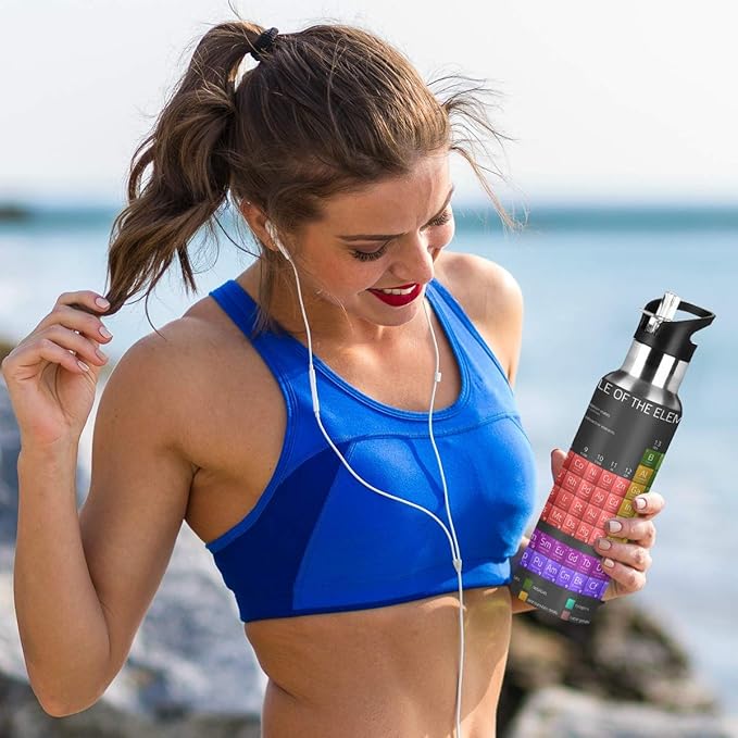 Periodic Table Water Bottle with Straw Lid for Fitness Gym Camping Outdoor Sports, Wide Mouth Vacuum Insulated 18/8 Stainless Steel, 22 oz