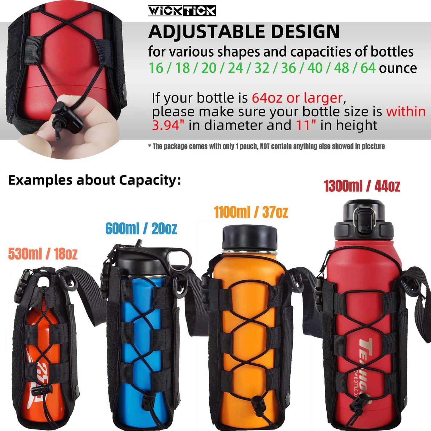 WICKTICK Molle Water Bottle Holder Pouch 16 24 32 40 64 oz - Multi-Purpose Tactical Fuel Bottle Bag, Adjustable Size for Outdoor Activities, Adapted to Backpack/Vest/Belt (Brown, Classic)