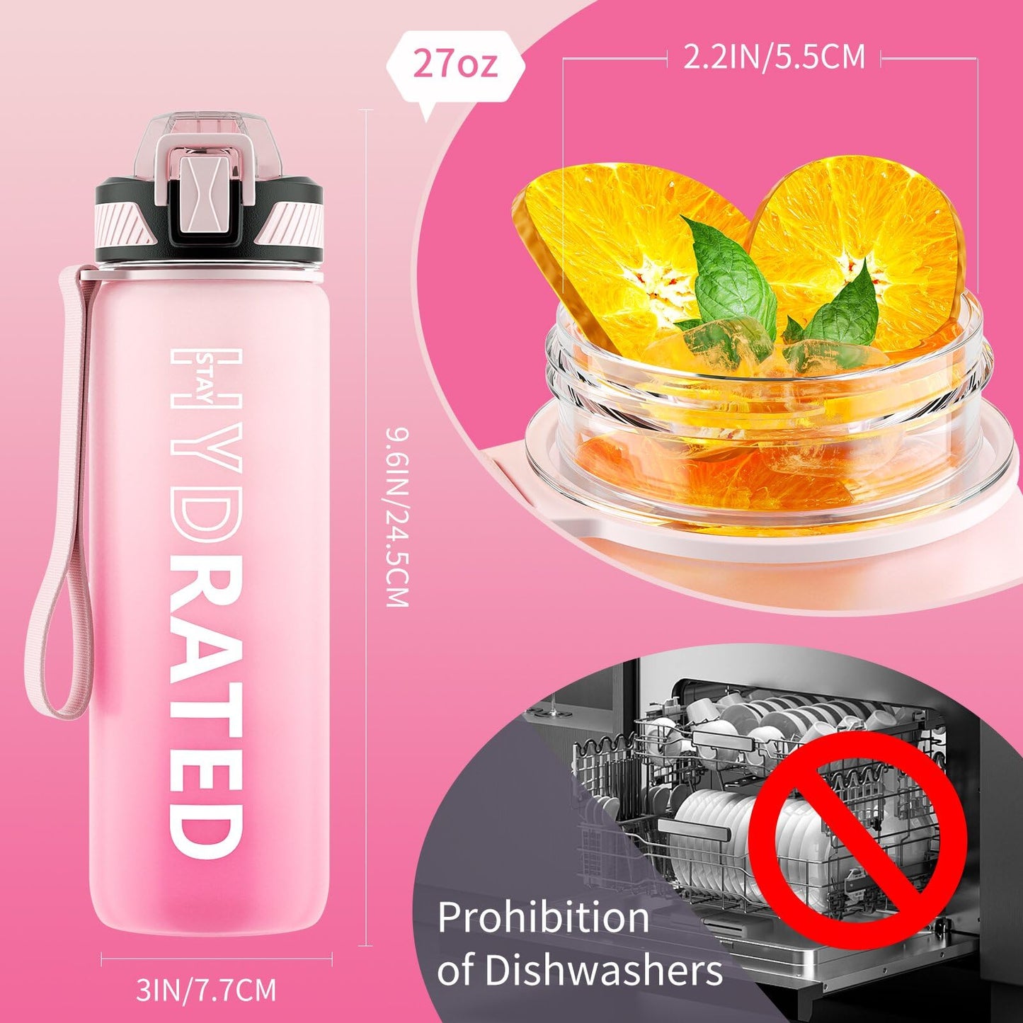 QLUR Water Bottle with Straw, 27 oz Motivational Water Bottles with Time Marker to Drink, Tritan BPA Free, 800ml Sports Water Bottle with Carry Strap LeakProof for School Fitness Outdoor (1Pack)