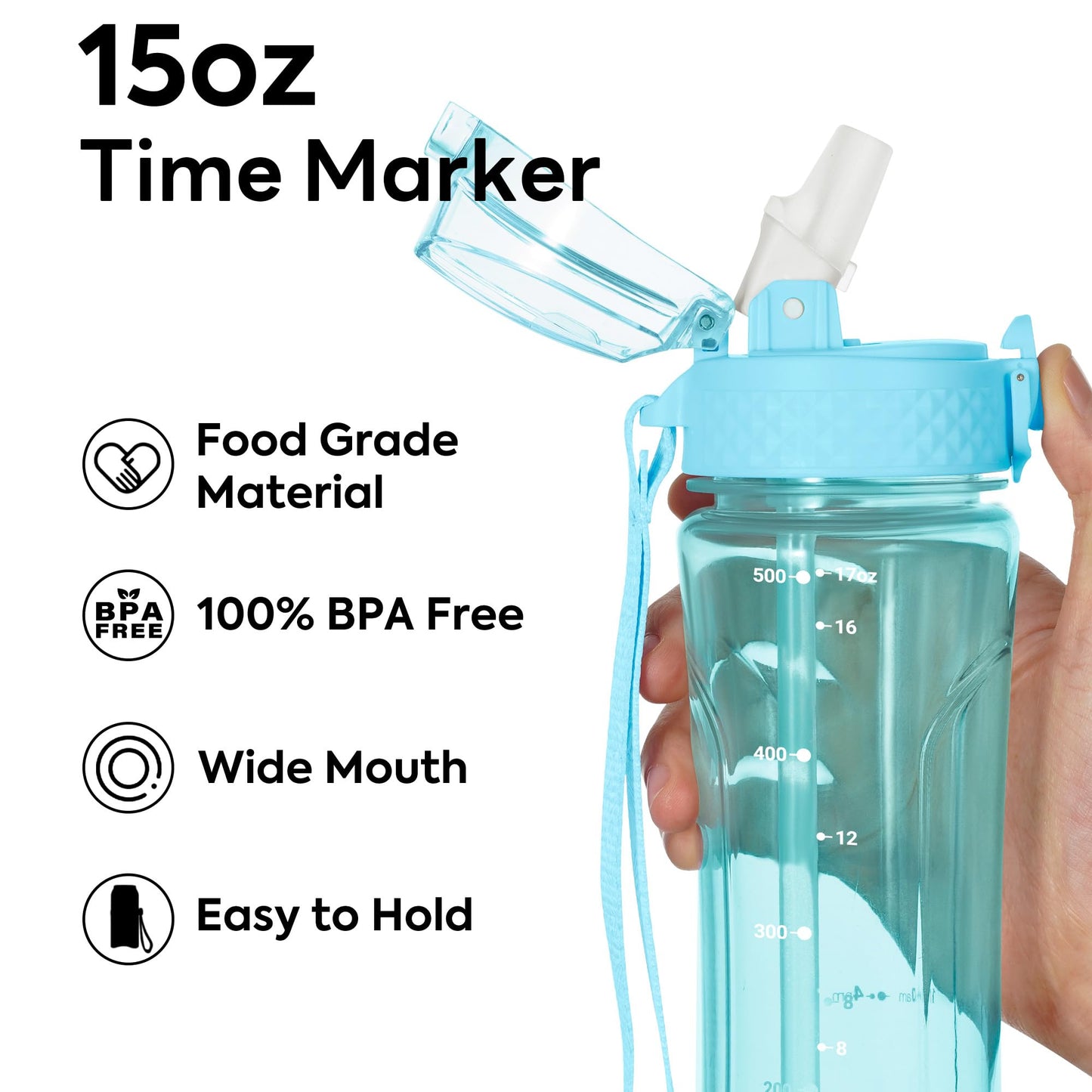 OLDLEY Kids Water Bottle with Straw 15 oz BPA-Free Leak-Proof Motivational Water Bottles with Time Marker for School Sports Travel Gym, Easy to Use for Girls Goys, 1 Straw Lid, Transparent-blue