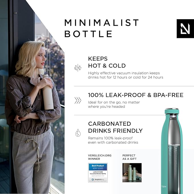 LARS NYSØM Stainless Steel Insulated Water Bottle 12oz 17oz 25oz 34oz 51oz | BPA-free Insulated Thermo Flask for Hot and Cold Beverages | Leakproof Drinking Bottle (Aqua Turquoise, 25oz)