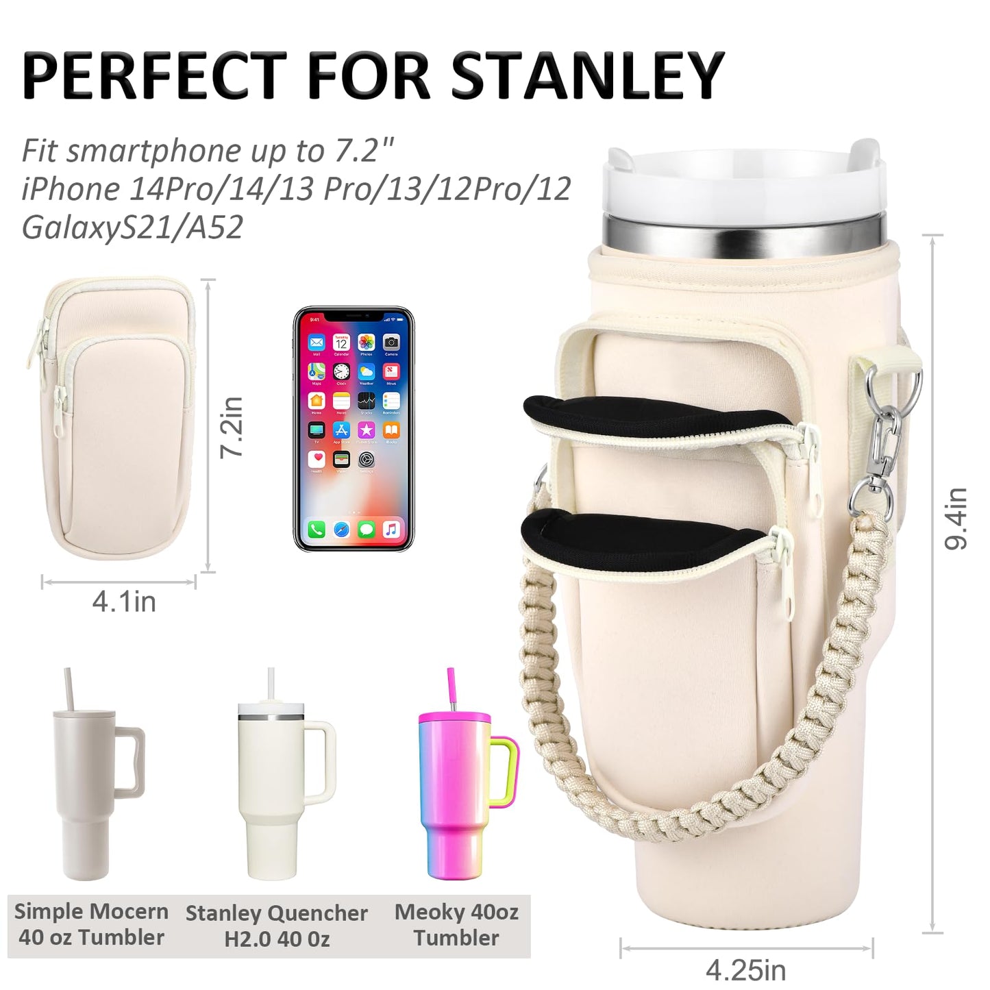 WEREWOLVES Water Bottle Carrier Bag with Phone Pocket for Stanley 40 oz Tumbler, Water Bottle Holder with Adjustable Strap & Paracord Handle, Neoprene Holder for Stanley Cup Accessories (Cream)