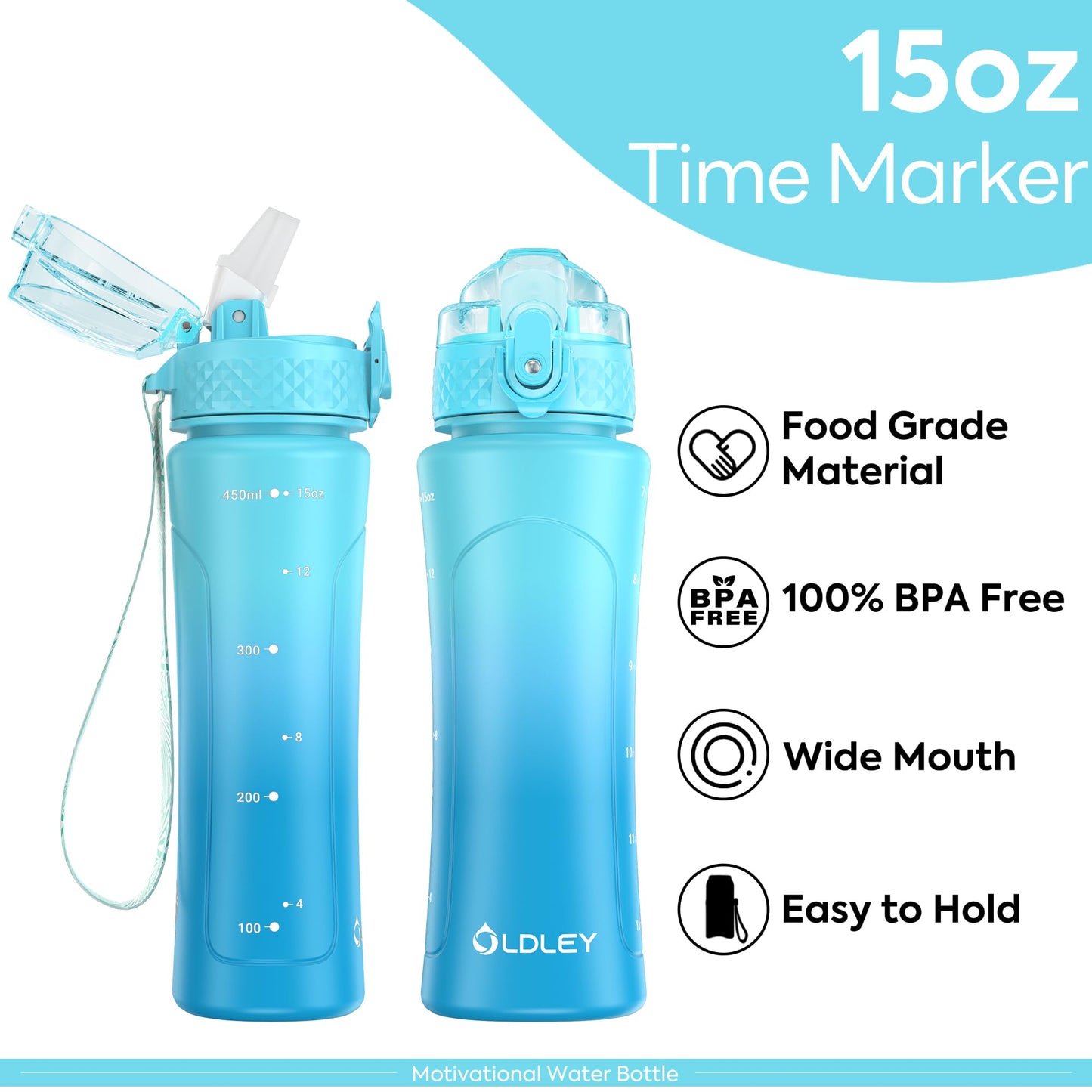 OLDLEY Kids Water Bottle with Straw 15 oz BPA-Free Leak-Proof Motivational Water Bottles with Time Marker for School Sports Travel Gym, Easy to Use for Girls Goys, 1 Straw Lid, Green Blue