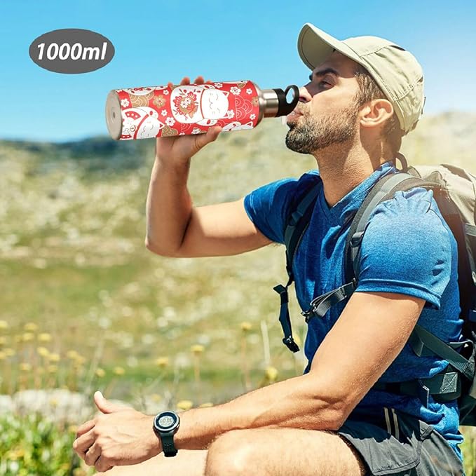 ALAZA Lucky Cat Maneki Neko Red Water Bottle With Straw Lids Boys Girls,Vacuum Insulated Leakproof Stainless-Steel Sports Bottle Thermal Flask For Gym Yoga Camping,20Oz (600Ml)