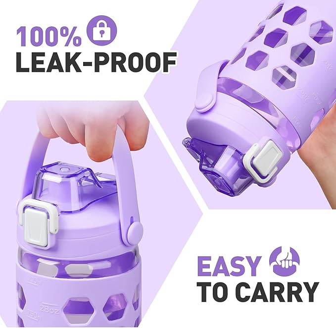 MUKOKO 32 oz Glass Tumbler with Straw,Glass Water Bottles with Time Marker,Iced Coffee Cup with 2 Lids-Handle Spout Lid&Straw Lid,Silicone Sleeve,Leakproof,1 Pack-Purple