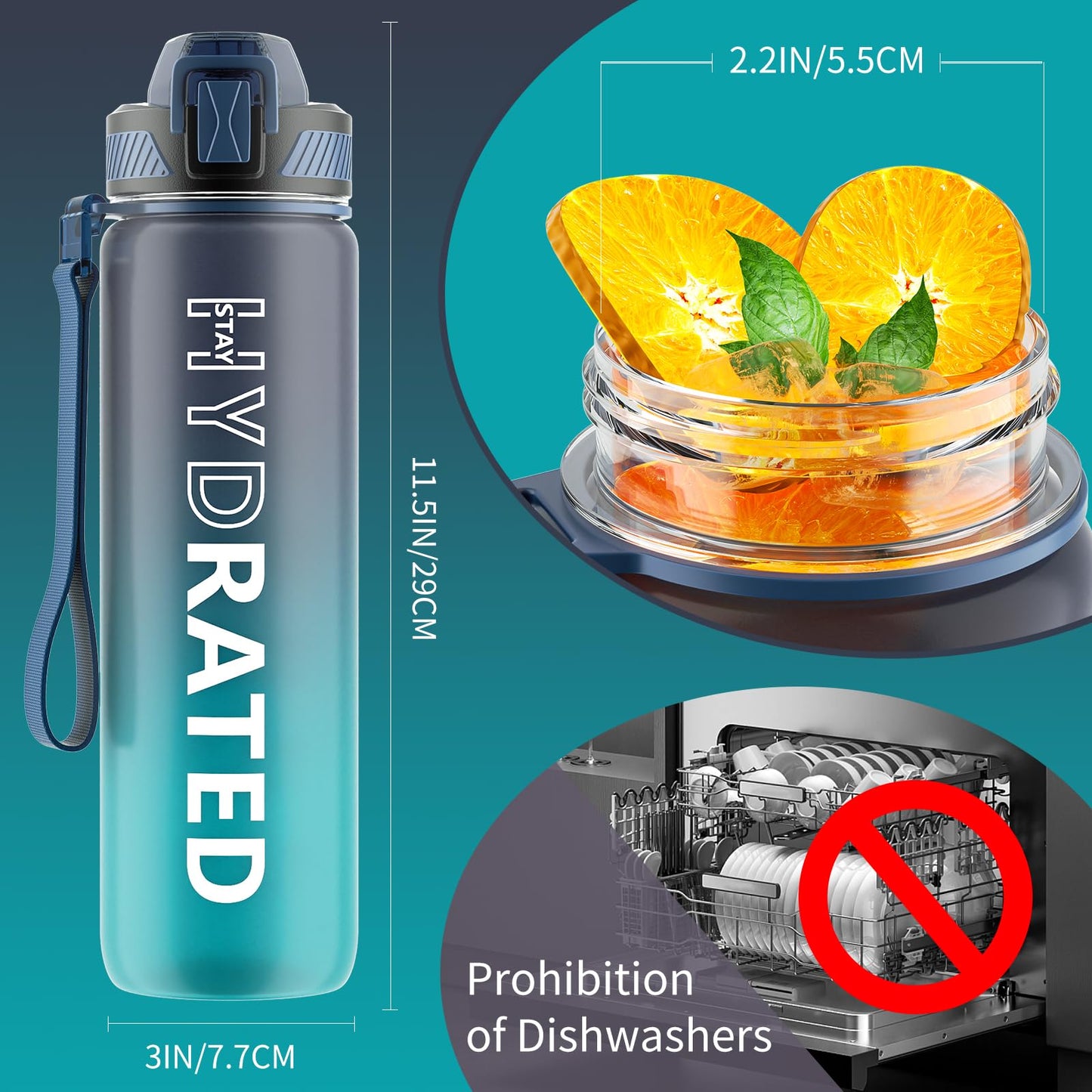QLUR Water Bottle with Straw, 32 oz Motivational Water Bottles with Time Marker to Drink, Tritan BPA Free, 1L Sports Water Bottle with Carry Strap LeakProof for Women Gym Fitness Outdoor (1 Pack)