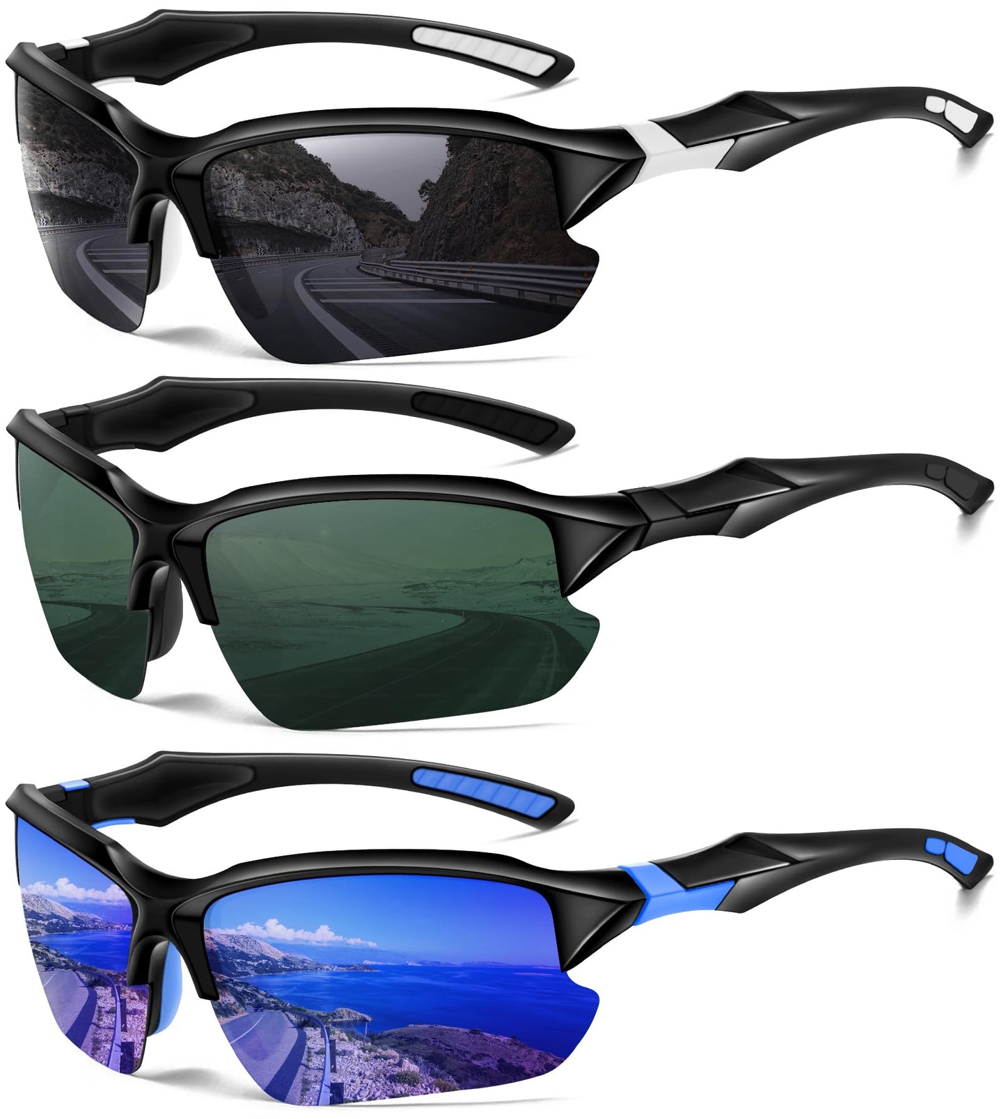 DioKiw 3PACK Sports Polarized Sunglasses for Men Cycling Running Fishing UV400 Protection Sun Glasses Lightweight Half Frame Goggles