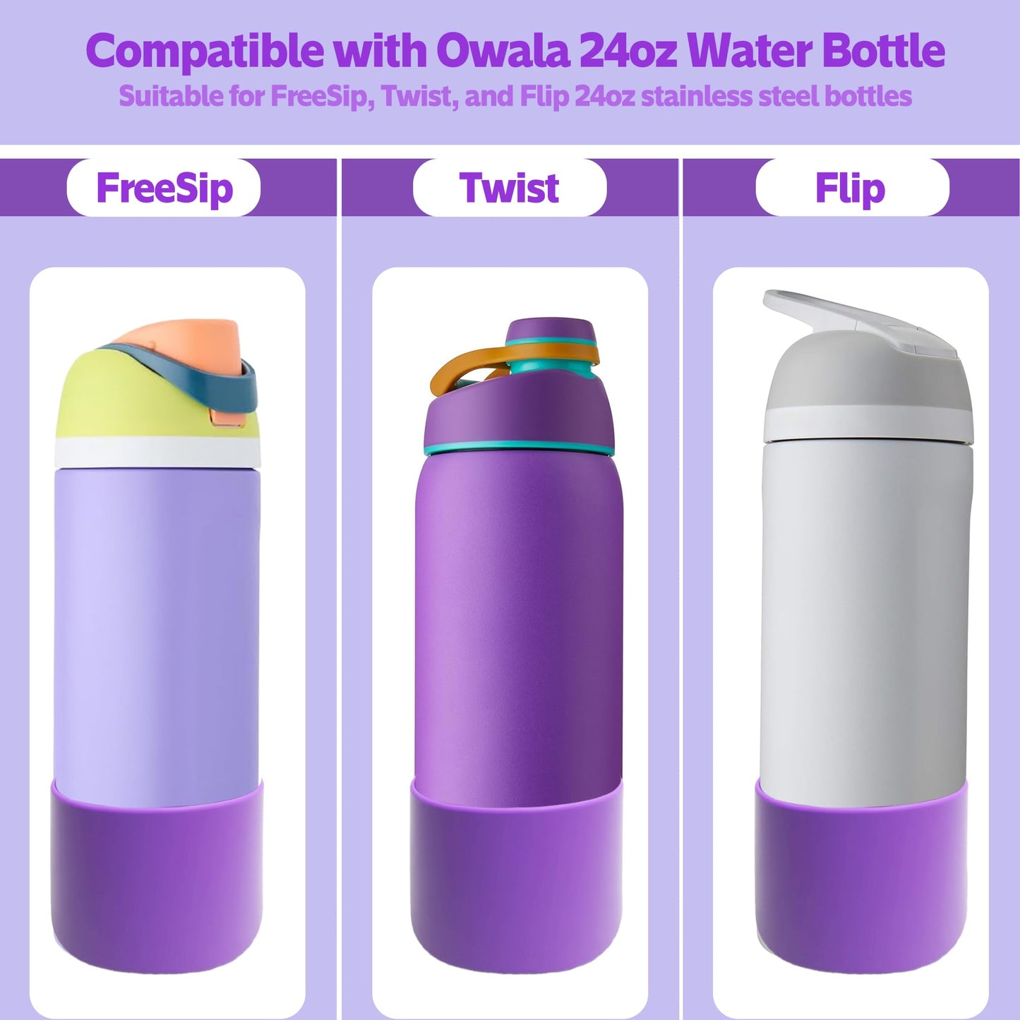 AESKEIA 2PCS Silicone Water Bottle Boot for Owala 24oz 32oz 40oz,Anti-Slip Protective Sleeve Bottom Bumper Protector for FreeSip, Twist, and Flip Stainless Steel Water Bottles (Purple, 24oz)