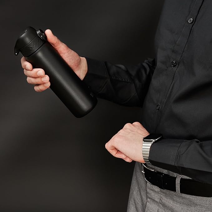 ION8 Steel Water Bottle, 600 ml/20 oz, Leak Proof, Easy to Open, Secure Lock, Dishwasher Safe, Hygienic Flip Cover, Fits Cup Holders, Carry Handle, Durable, Scratch Resistant, Carbon Neutral, Black