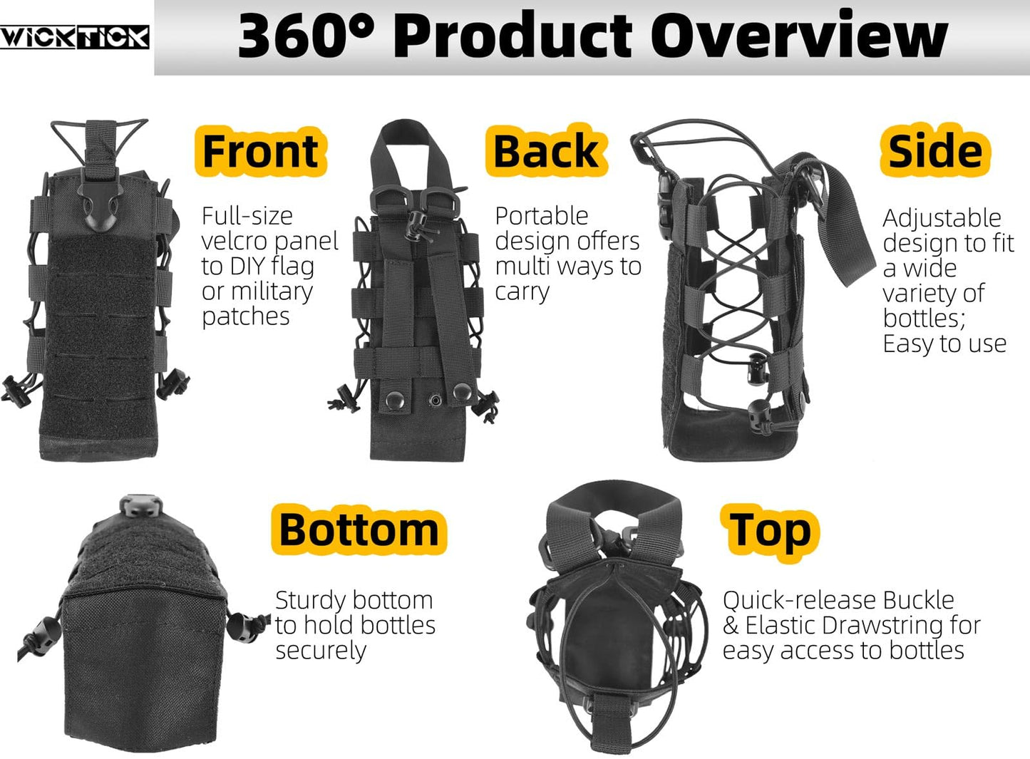 WICKTICK Molle Water Bottle Holder Pouch 16 24 32 40 64 oz - Multi-Purpose Tactical Fuel Bottle Bag, Adjustable Size for Outdoor Activities, Adapted to Backpack/Vest/Belt (Brown, Classic)