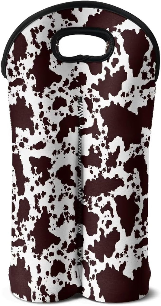 doginthehole Brown Cow Print Wine Tote Carrier Bag 2 Bottle Insulated Neoprene Wine/Water Bottle Holder Protective Travel Bag Champagne Cooler Bag for Beach Picnic Dinner Wedding