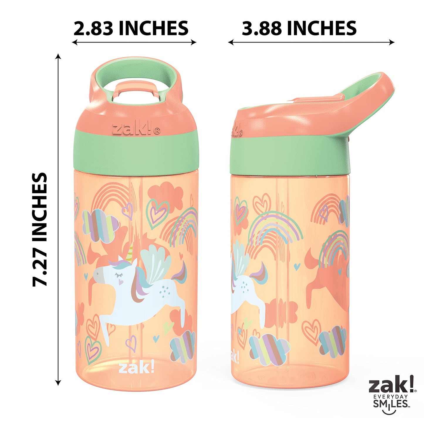 Zak Designs 16oz Riverside Kids Water Bottle with Spout Cover and Built-in Carrying Loop, Made of Durable Plastic, Leak-Proof Water Bottle Design for Travel (Unicorn & Dino Camo, Pack of 2)