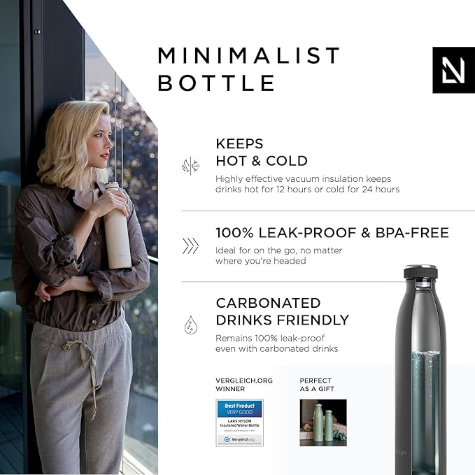 LARS NYSØM Stainless Steel Insulated Water Bottle 12oz 17oz 25oz 34oz 51oz | BPA-free Insulated Thermo Flask for Hot and Cold Beverages | Leakproof Drinking Bottle (Onyx Black, 25oz)