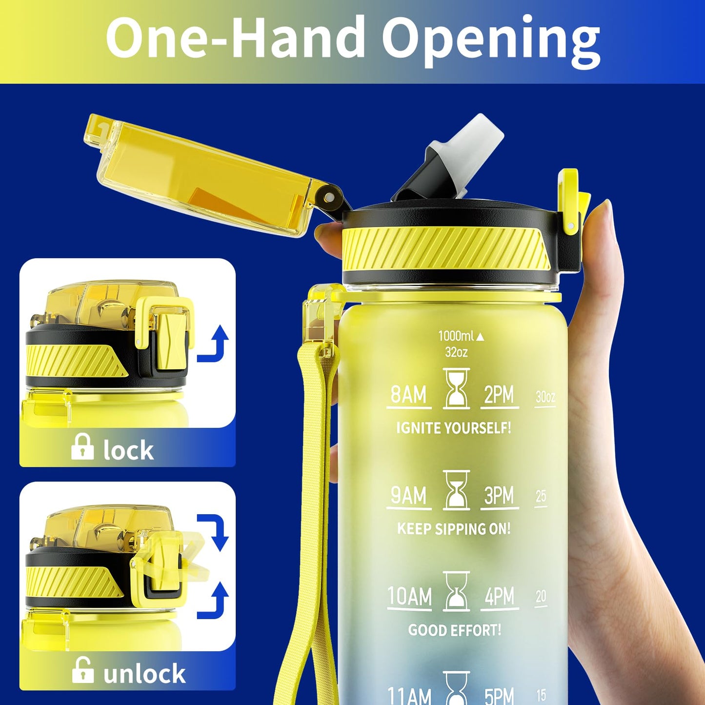 QLUR Water Bottle with Straw, 32 oz Motivational Water Bottles with Time Marker to Drink, Tritan BPA Free, 1L Sports Water Bottle with Carry Strap LeakProof for Women Gym Fitness Outdoor (1 Pack)