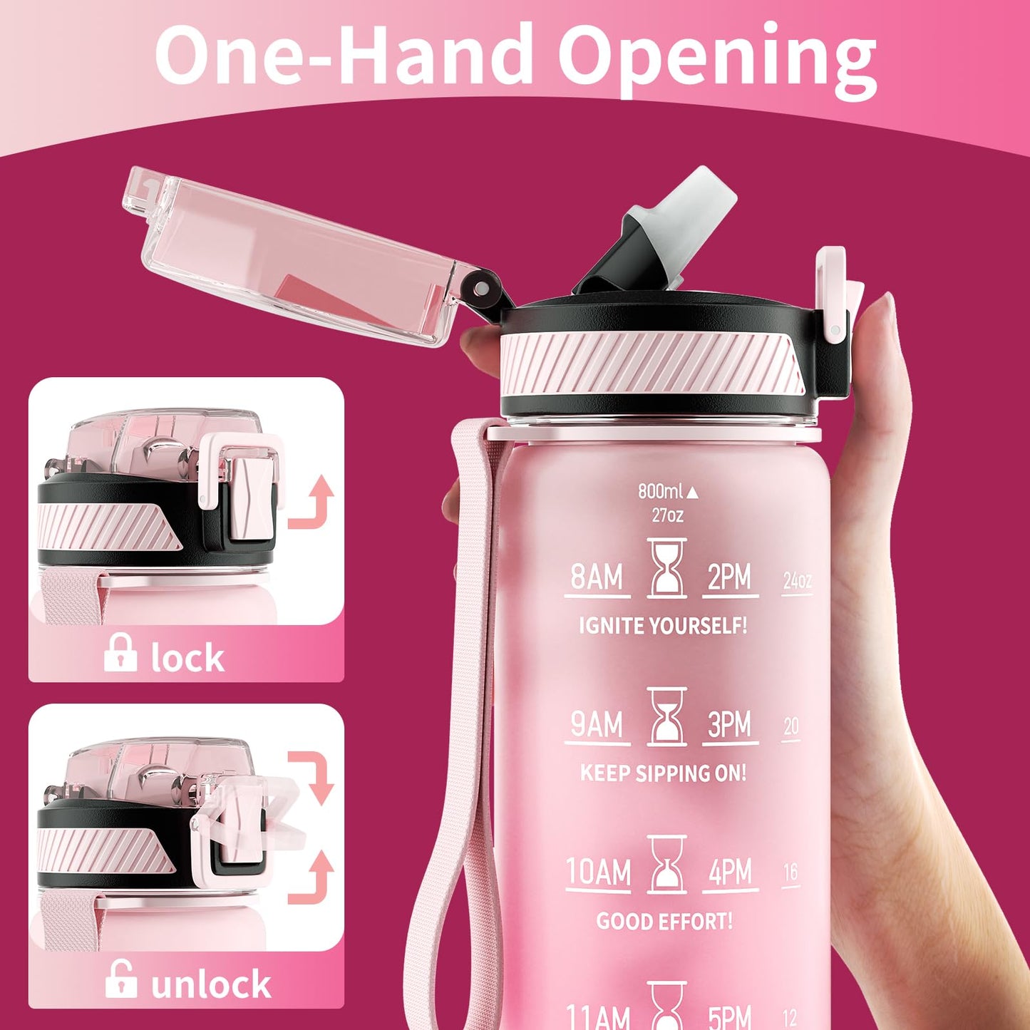 QLUR Water Bottle with Straw, 27 oz Motivational Water Bottles with Time Marker to Drink, Tritan BPA Free, 800ml Sports Water Bottle with Carry Strap LeakProof for School Fitness Outdoor (1Pack)