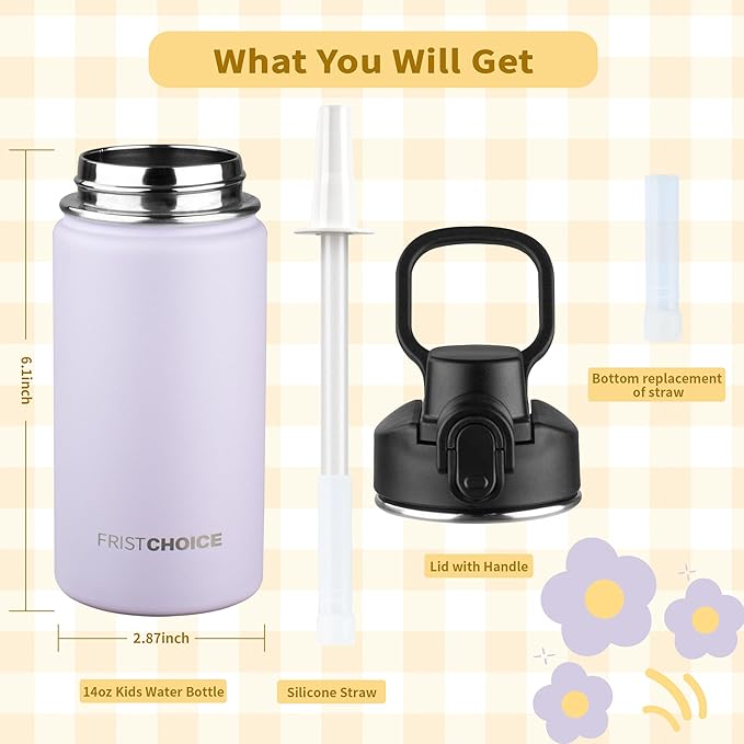 Kids Insulated Water Bottle with Straw,14oz Stainless Steel Water Bottle,BPA-free and Leak-proof,Double Wall Vacuum Water Flask for School,Gifts for Boys and GirlsοΌ14oz,LavenderοΌ